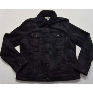 EV1 women's black plaid denim jacket faux fur collar LG pockets button up front